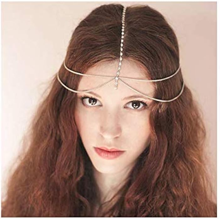Fstrend Boho Head Chains Gold Sparkly Crystal Tassel Headpiece Chain Bridal Festival Weeding Prom Hair Chains Jewelry for Women and Girls - Image 1